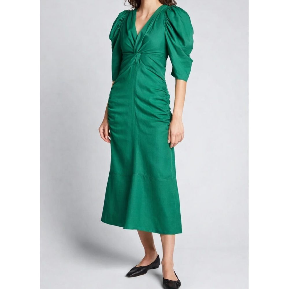Proenza Schouler Shirred Ruched Viscose Linen Emerald Midi Dress Size US 4